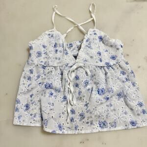 Sleeveless Floral White Blue Eyelet Cotton Camisole Tank Top V Neck Tie Accent